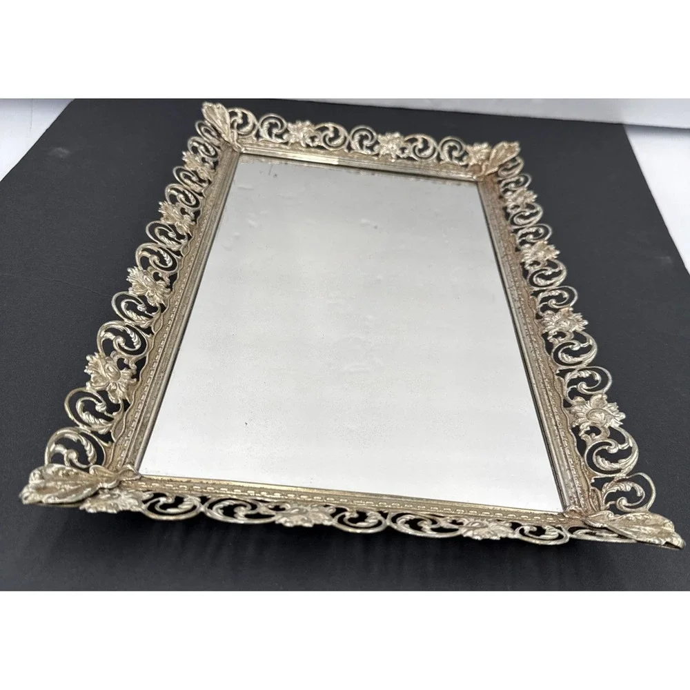 Vtg Ornate Vanity Mirror picture Stand Alone Or Tray keeper 15